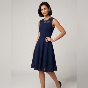 NWT Akris punto Navy Blue Knit Laser Cut Sleeveless Fit & Flare Dress Sz 12